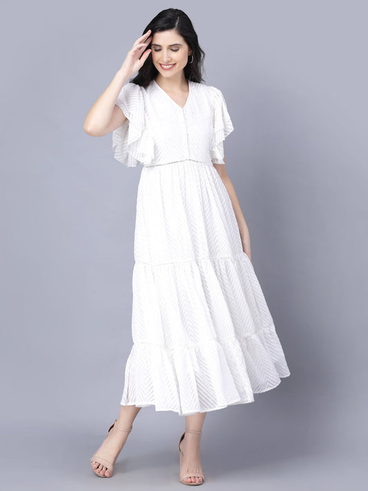 Myshka Georgette Solid Short Sleeve V Neck White Women Dress