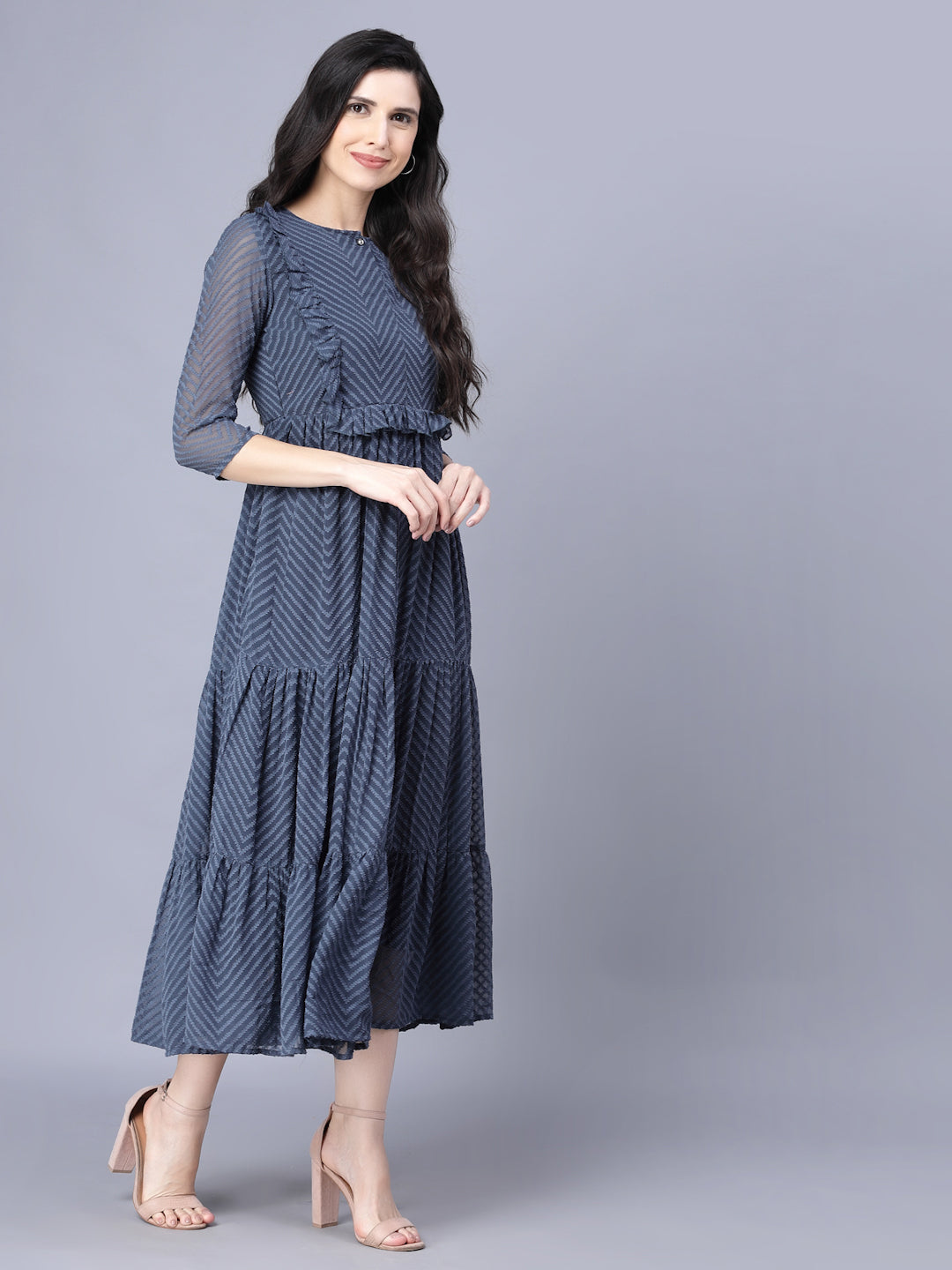 Myshka Georgette Solid 3/4 Sleeve Round Dark Grey Women Dress