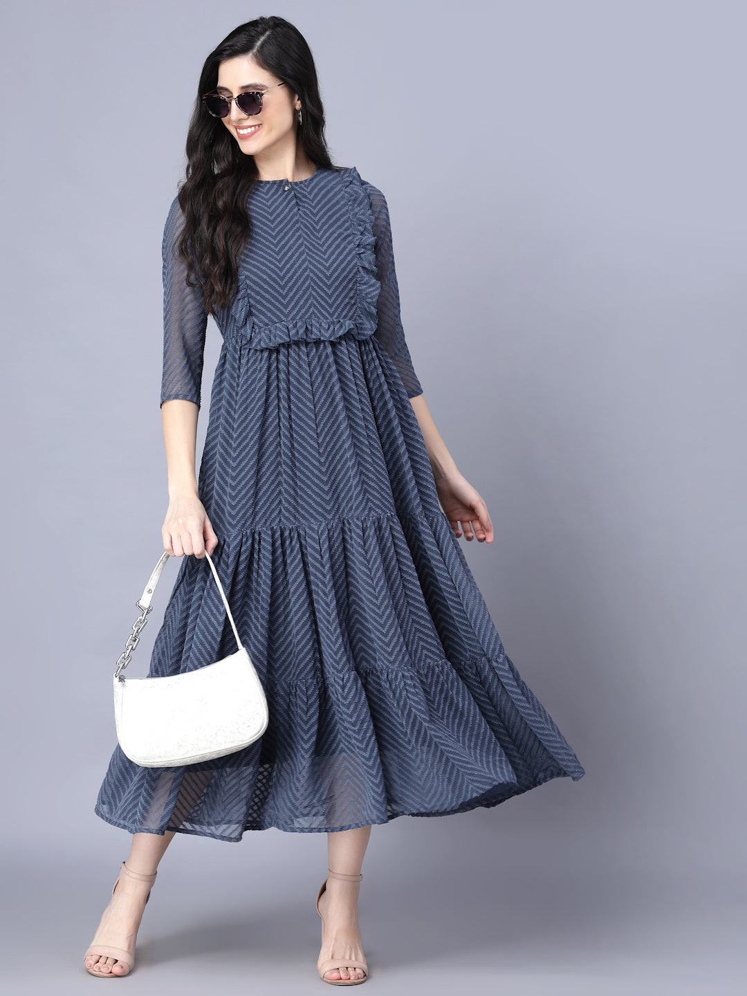 Myshka Georgette Solid 3/4 Sleeve Round Dark Grey Women Dress