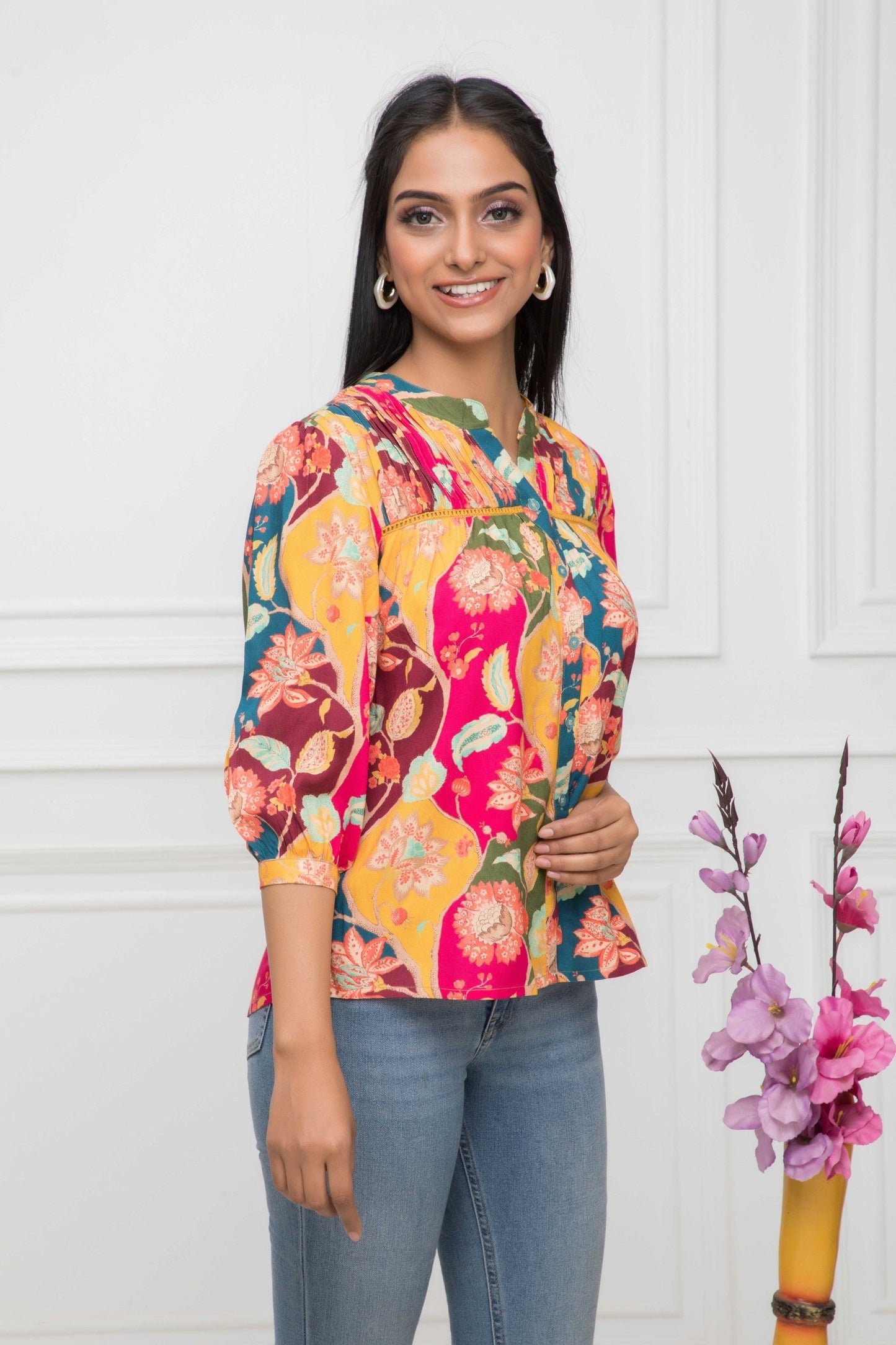 Women's Multi Floral Mandarin Collar Regular Sleeves Viscose Rayon Top Myshka