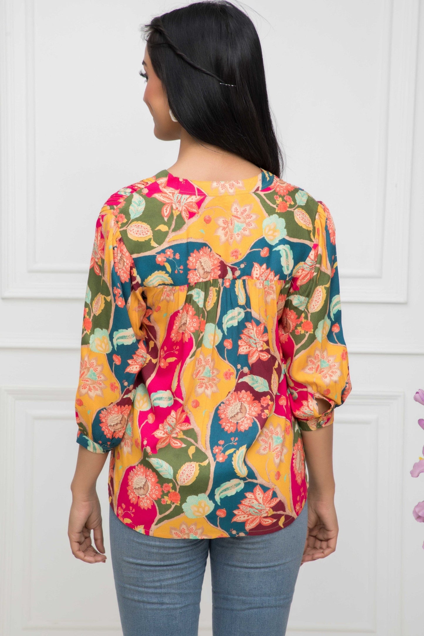 Women's Multi Floral Mandarin Collar Regular Sleeves Viscose Rayon Top Myshka