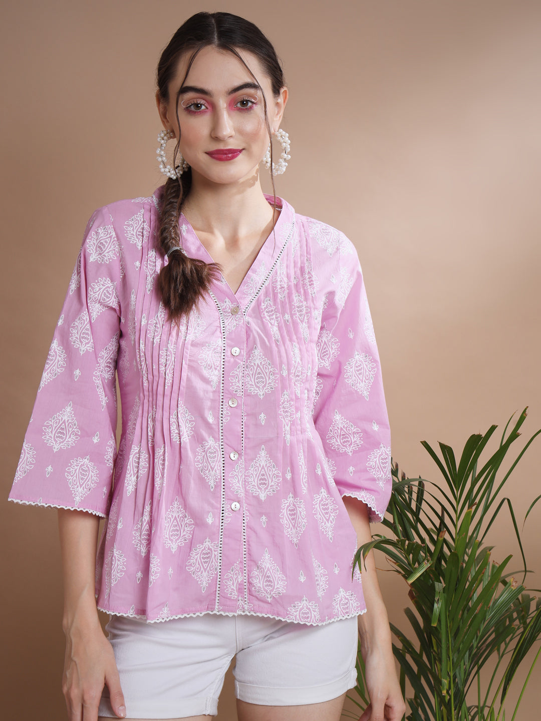 Women's Pink Printed V-Neck Top Myshka