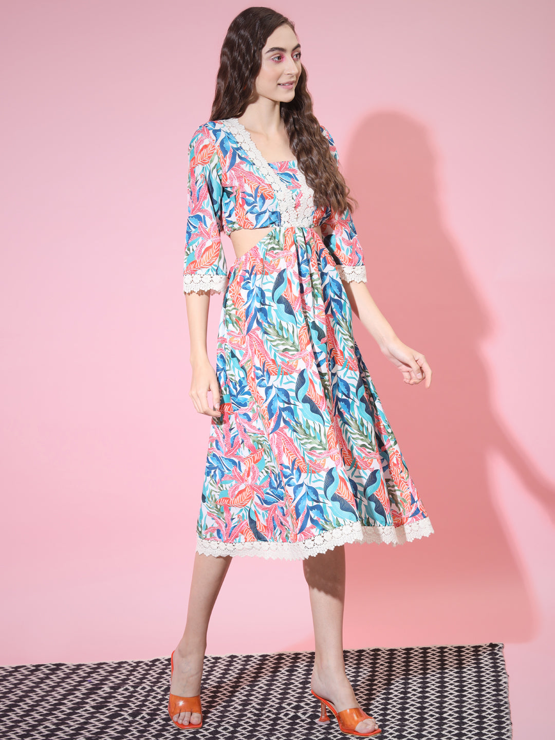 Women's Multi Floral Printed Fit And Flare Dress Myshka