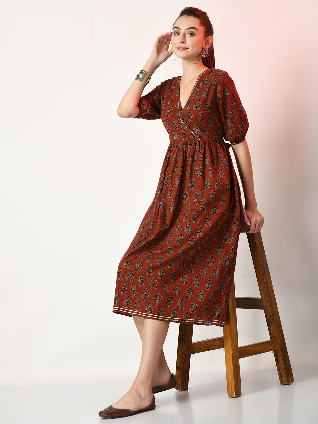 Women's Rust Empire Printed Dress Myshka