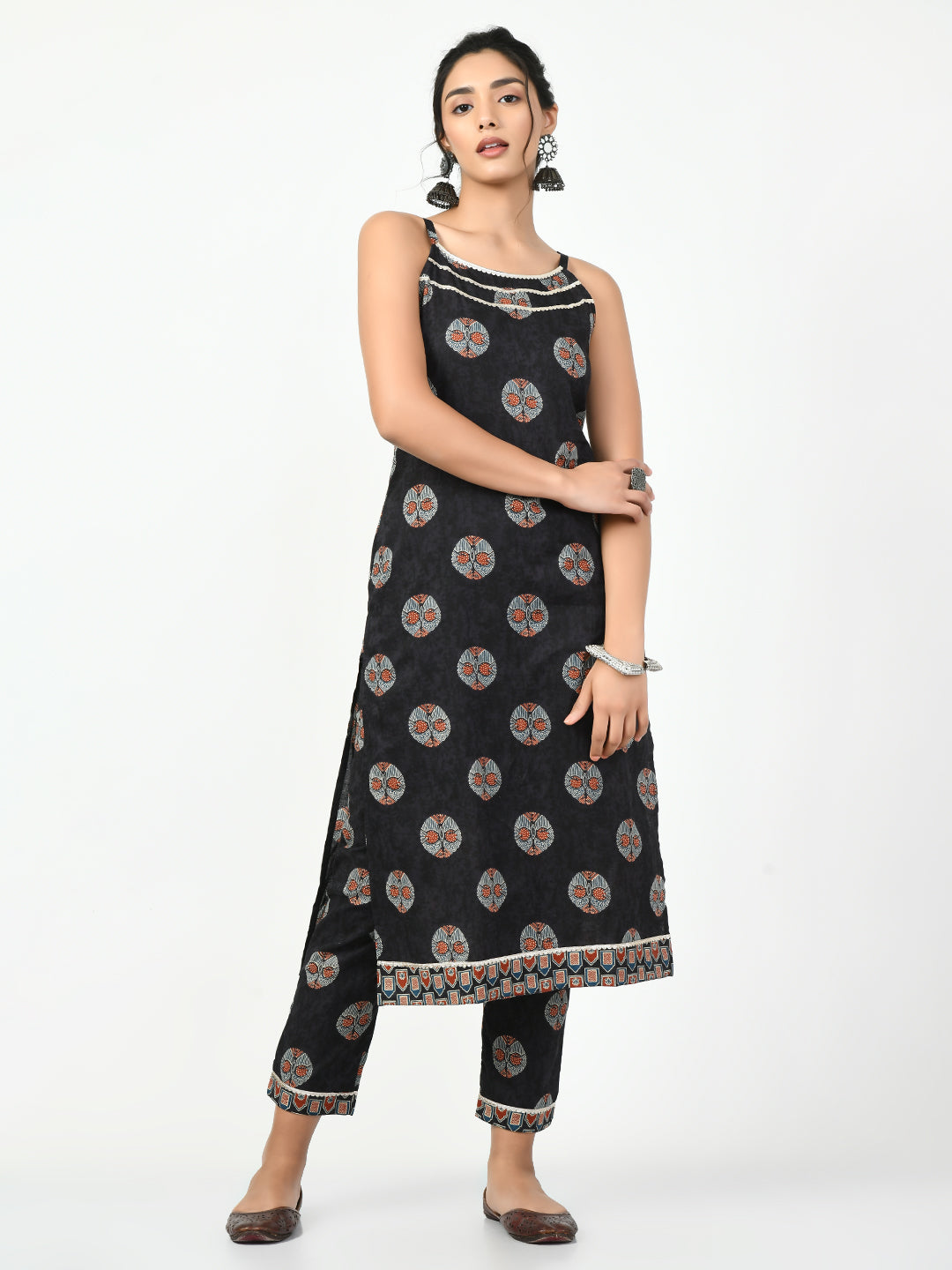 Women's Black Straight Printed Kurta Myshka