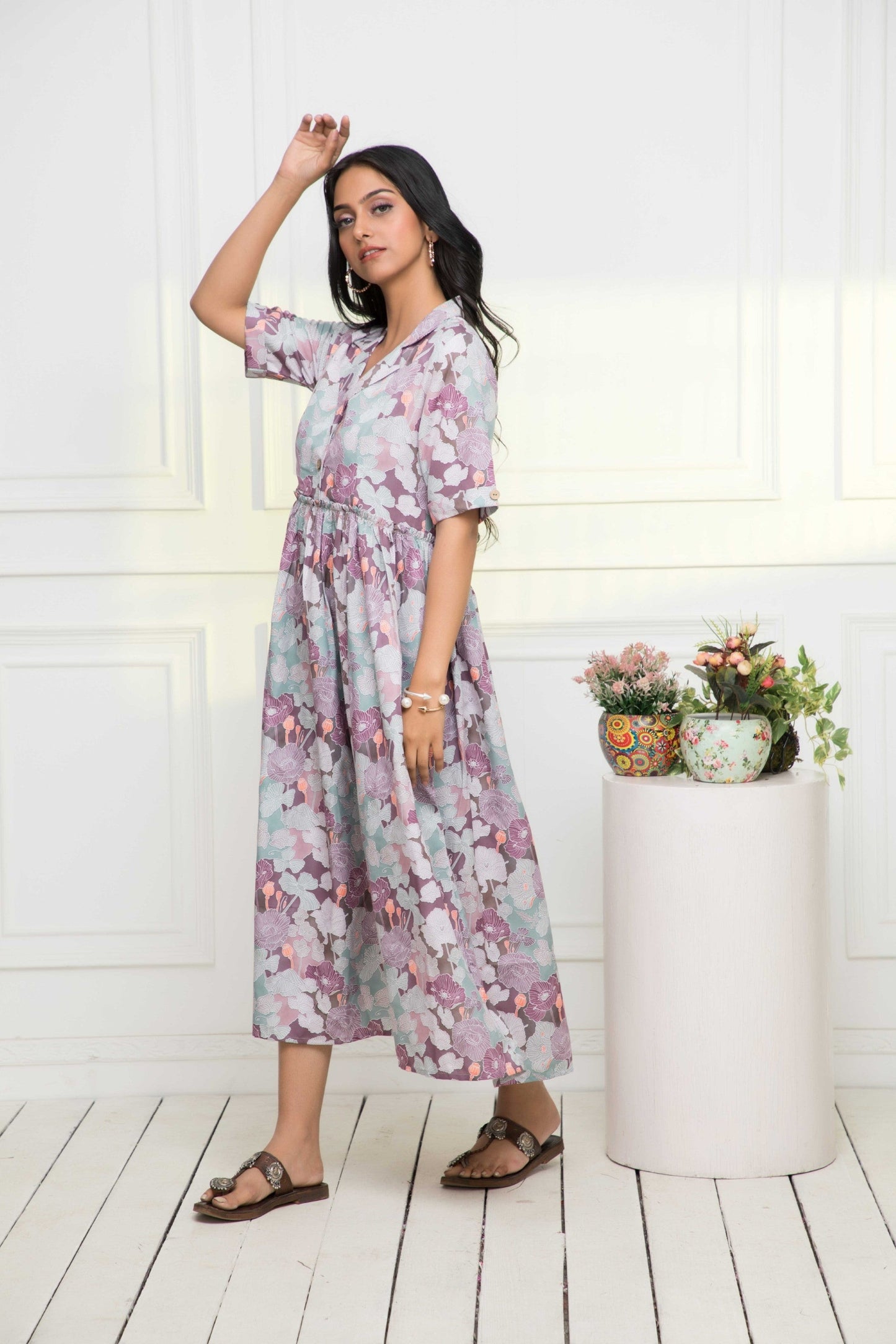 Women's Multi Floral Rayon A-Line V-Neck Dress Myshka