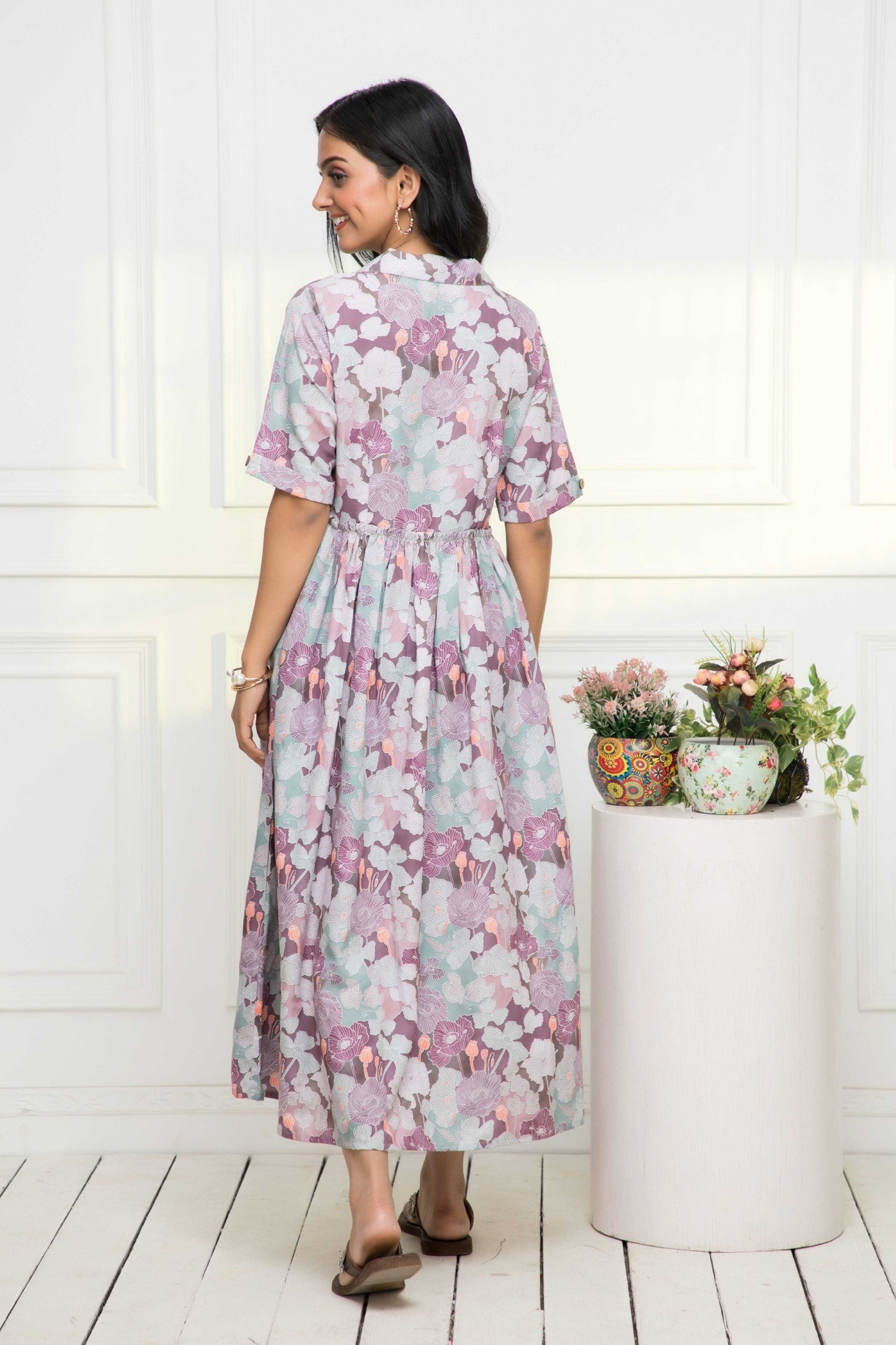Women's Multi Floral Rayon A-Line V-Neck Dress Myshka