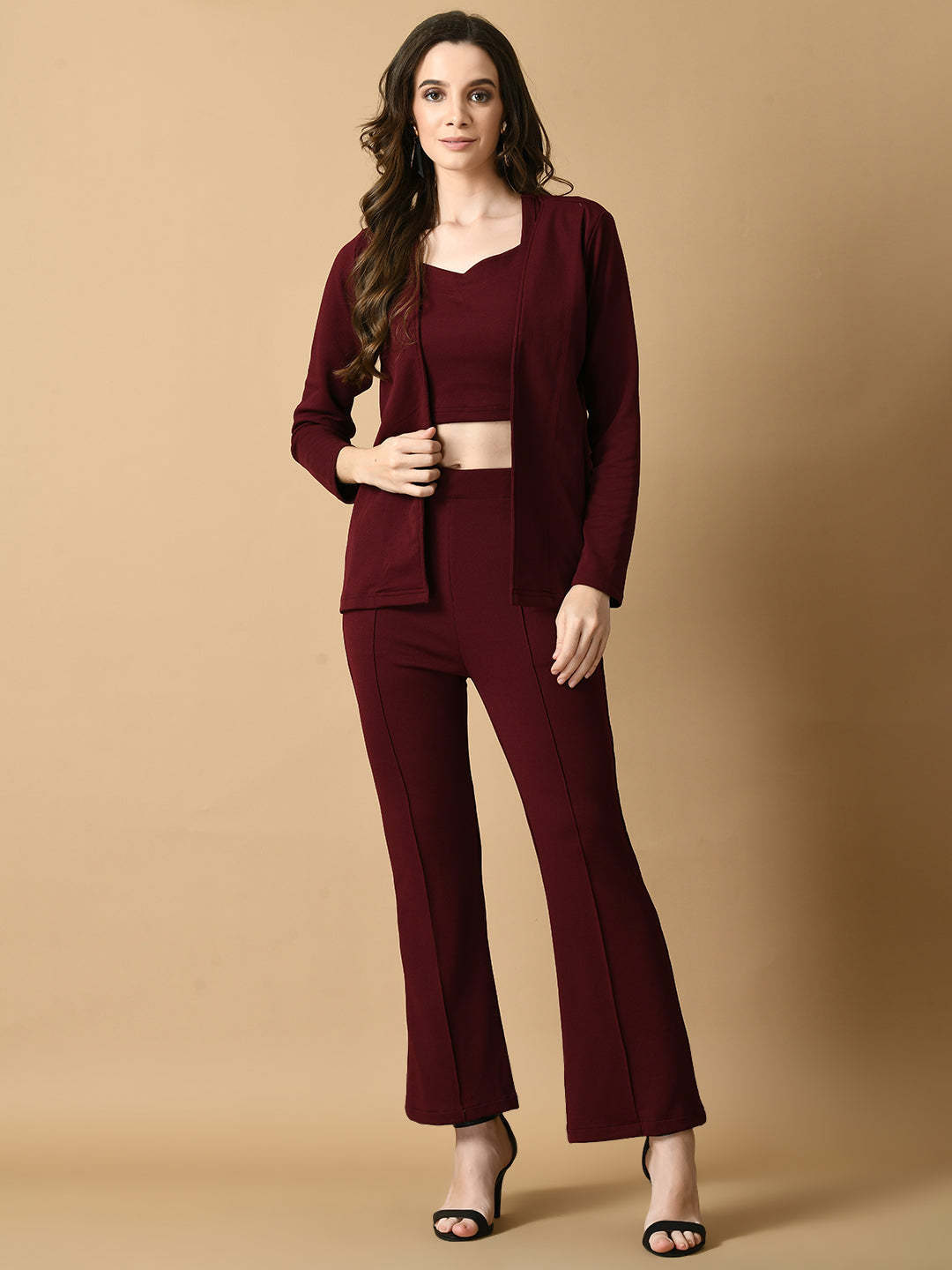 Women's Magenta Solid Coat With  Trousers  Myshka