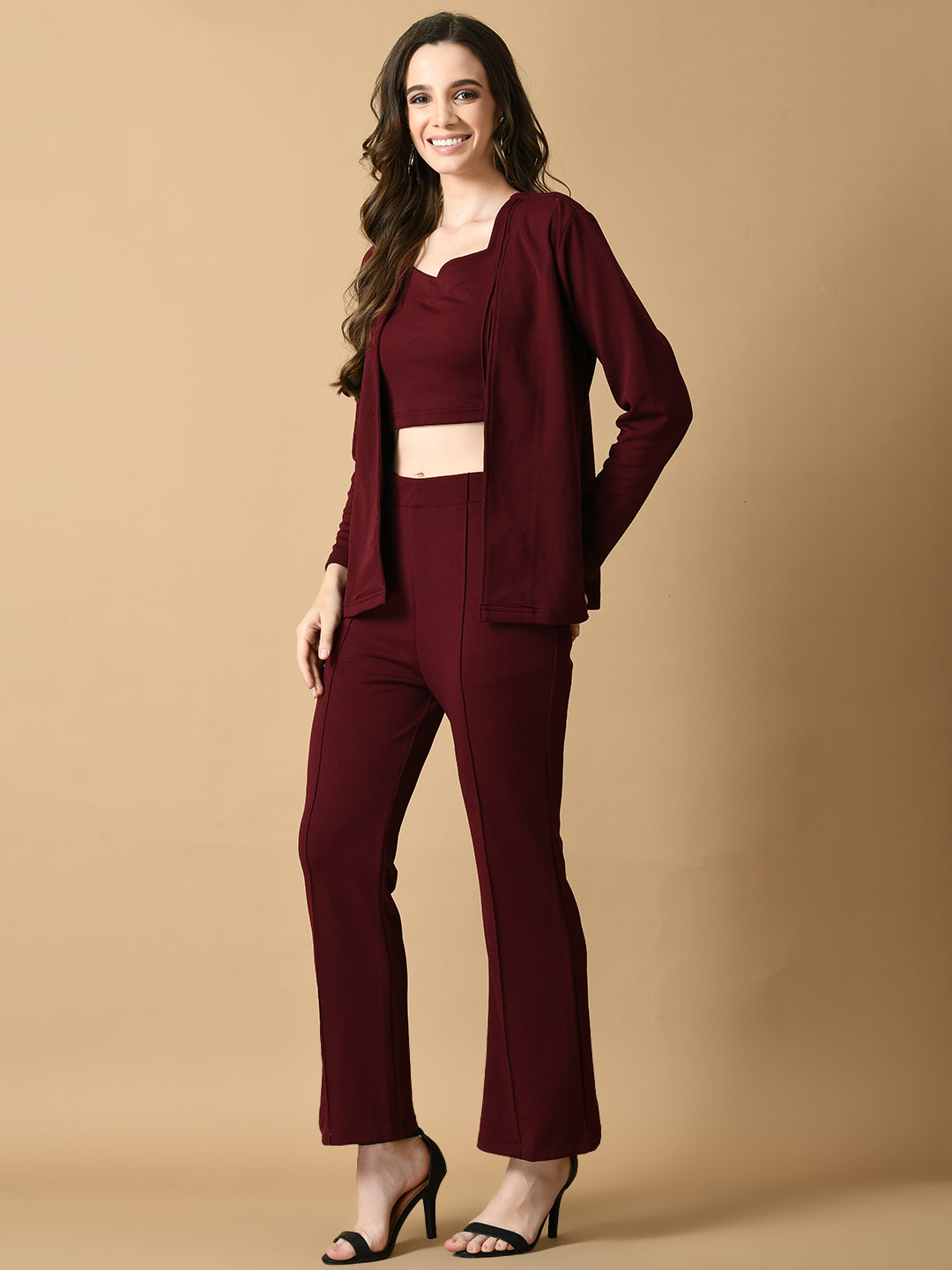 Women's Magenta Solid Coat With  Trousers  Myshka