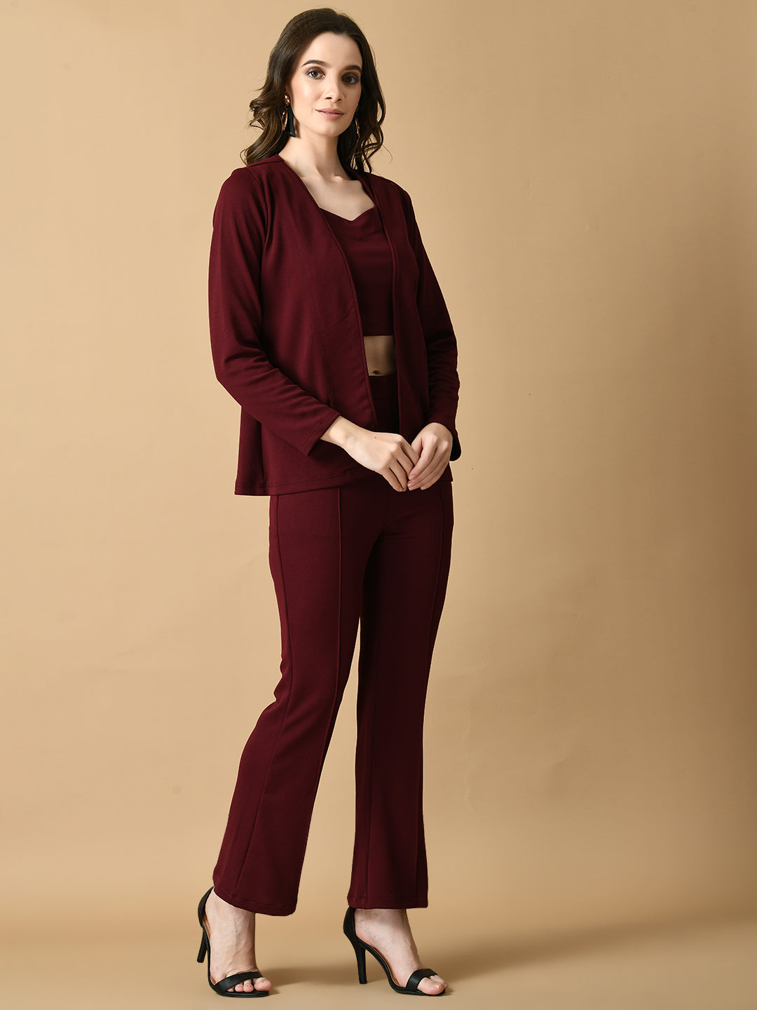 Women's Magenta Solid Coat With  Trousers  - Myshka