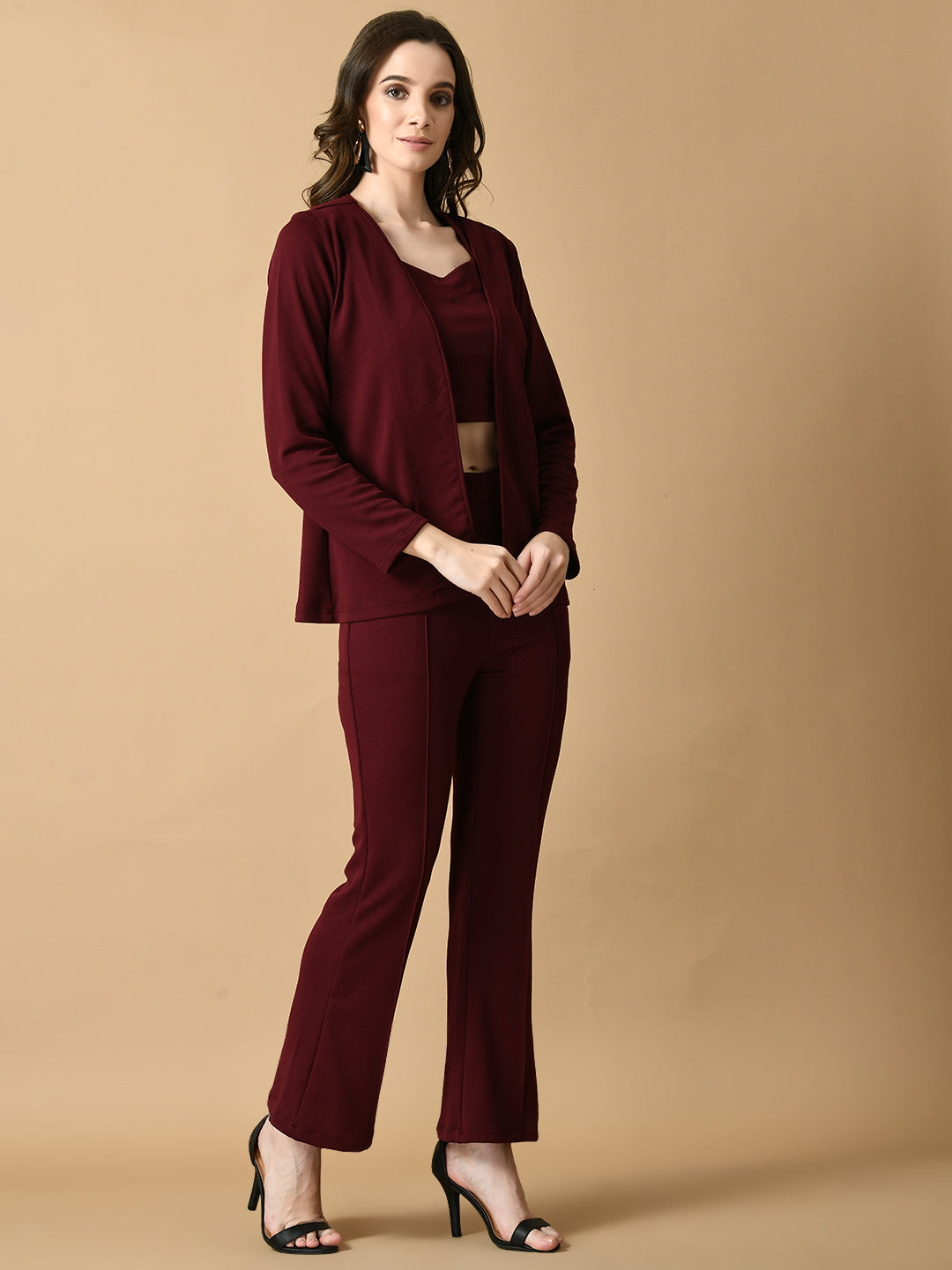 Women's Magenta Solid Coat With  Trousers  Myshka