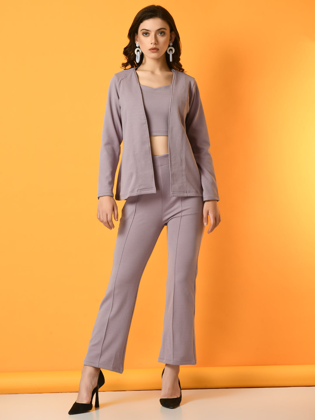 Women's Lavender Solid Coat With  Trousers  - Myshka