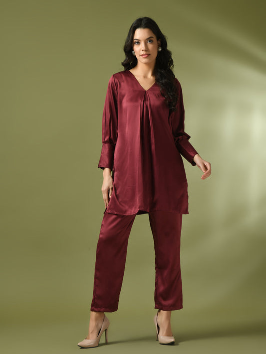 Women's  Maroon Solid Satin V-Neck Party Tunic With Trousers Co-Ord Set  - Myshka