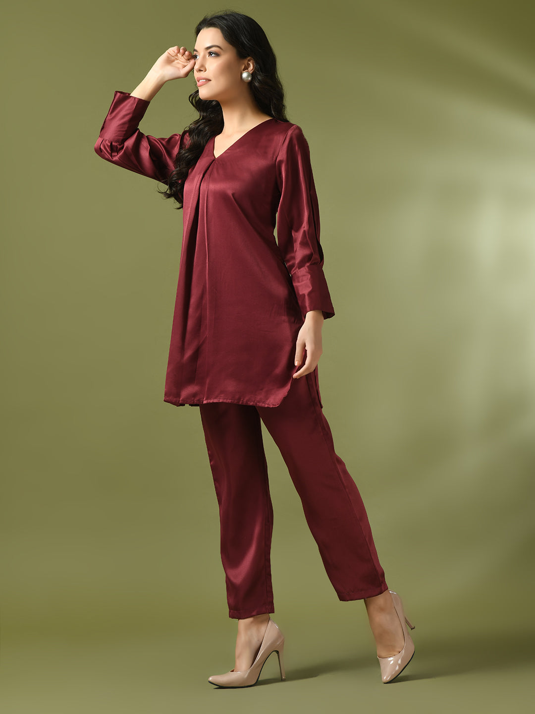 Women's  Maroon Solid Satin V-Neck Party Tunic With Trousers Co-Ord Set  - Myshka