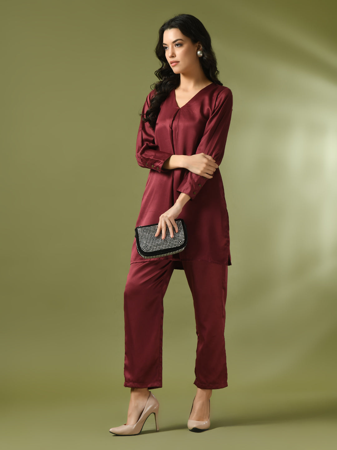 Women's  Maroon Solid Satin V-Neck Party Tunic With Trousers Co-Ord Set  - Myshka