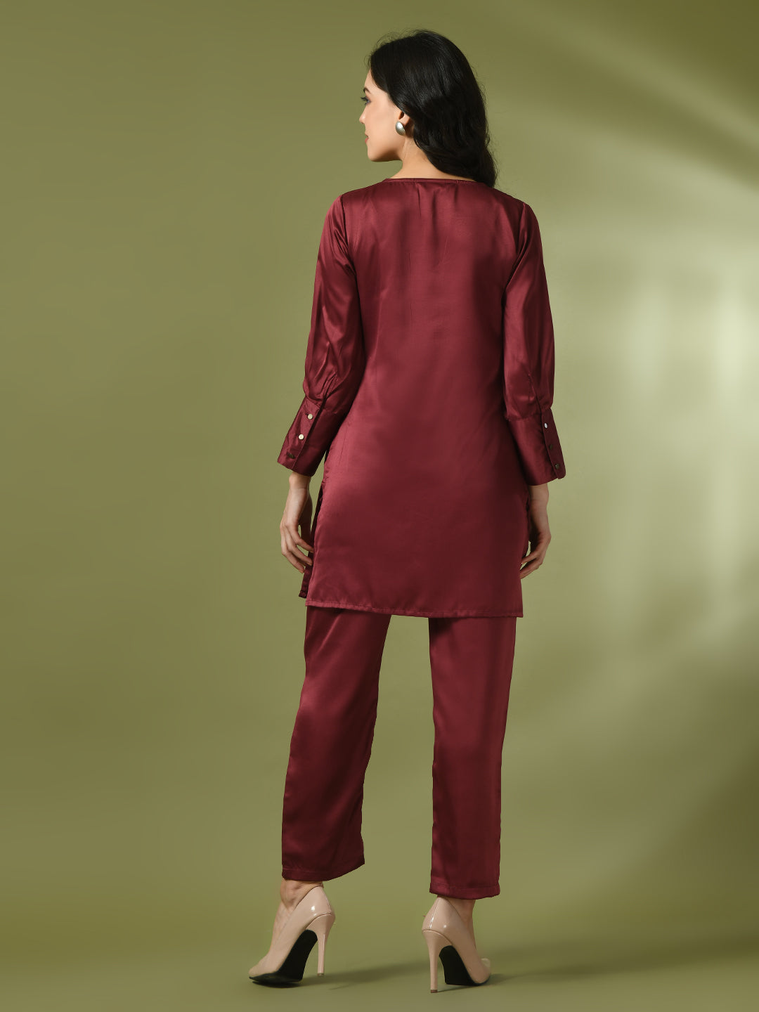 Women's  Maroon Solid Satin V-Neck Party Tunic With Trousers Co-Ord Set  - Myshka