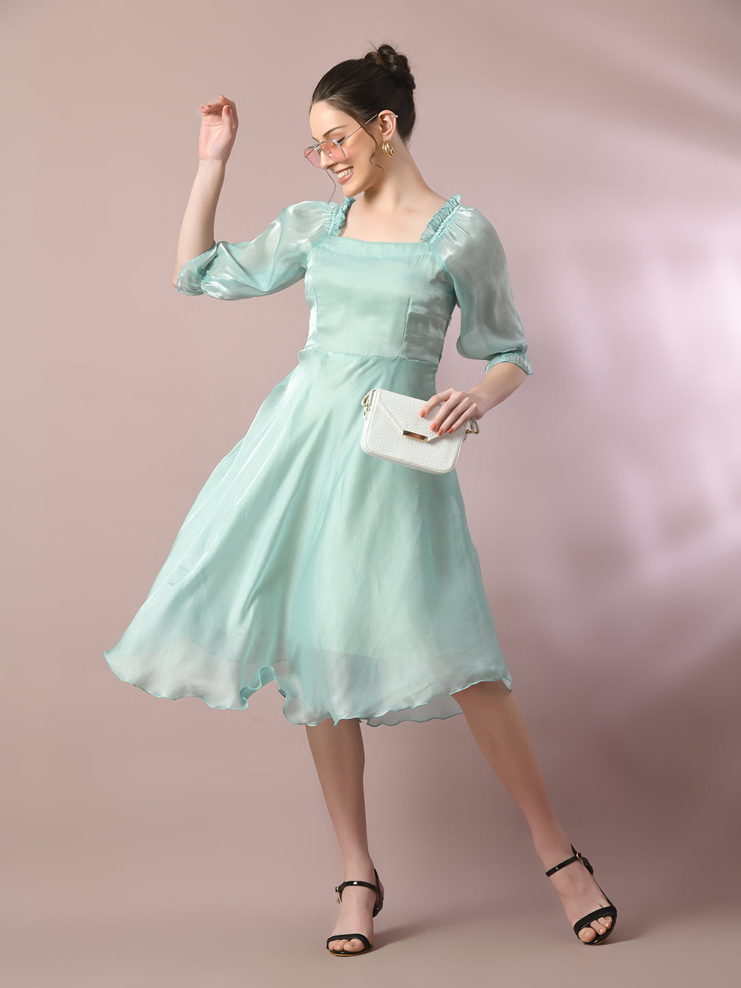 Women's  Sea Green Solid Square Neck Fit And Flare Party Dress  - Myshka