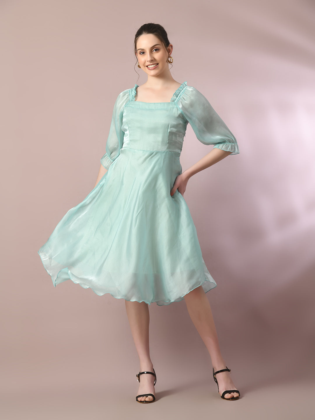 Women's  Sea Green Solid Square Neck Fit And Flare Party Dress  - Myshka