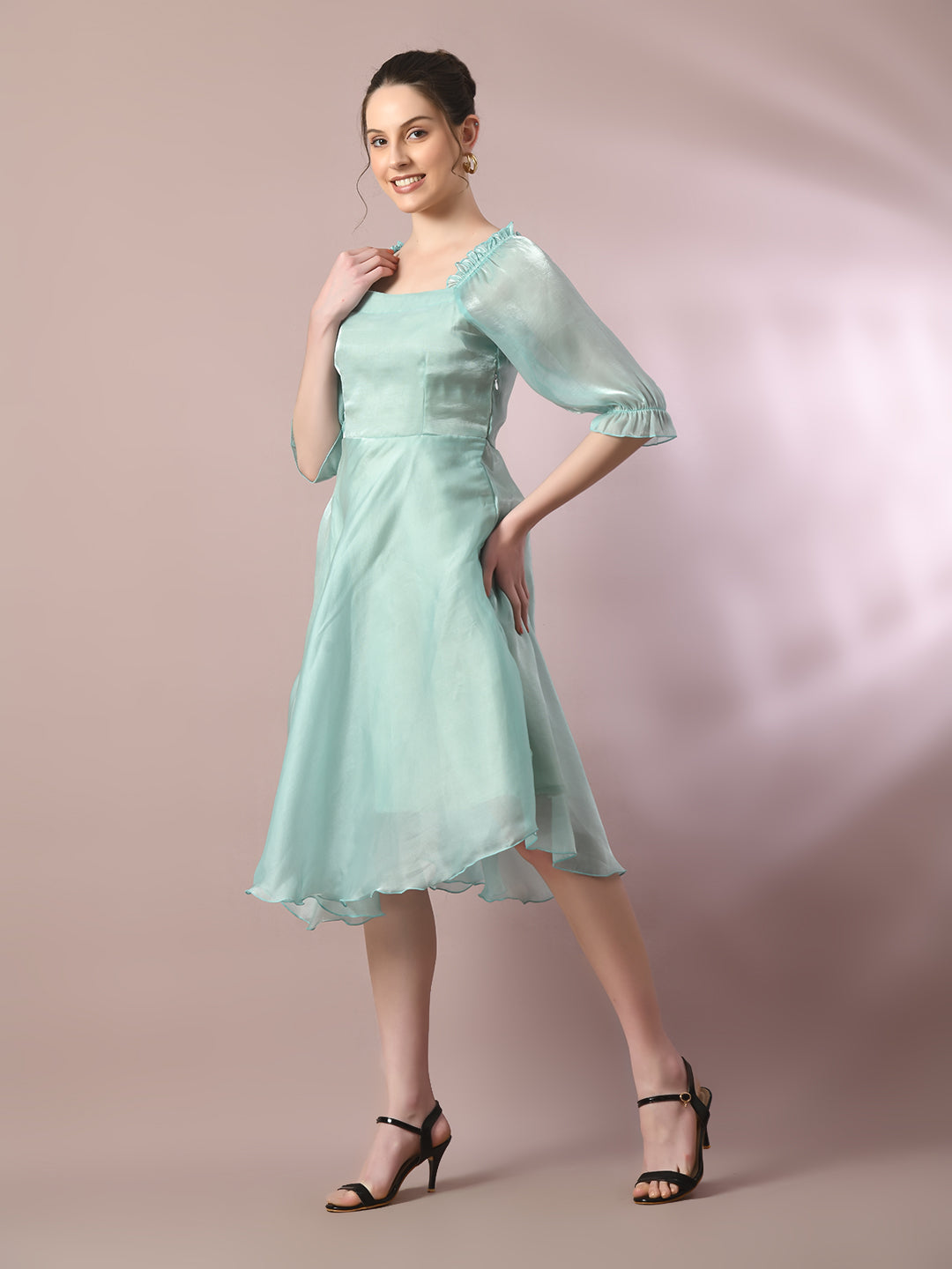 Women's  Sea Green Solid Square Neck Fit And Flare Party Dress  - Myshka