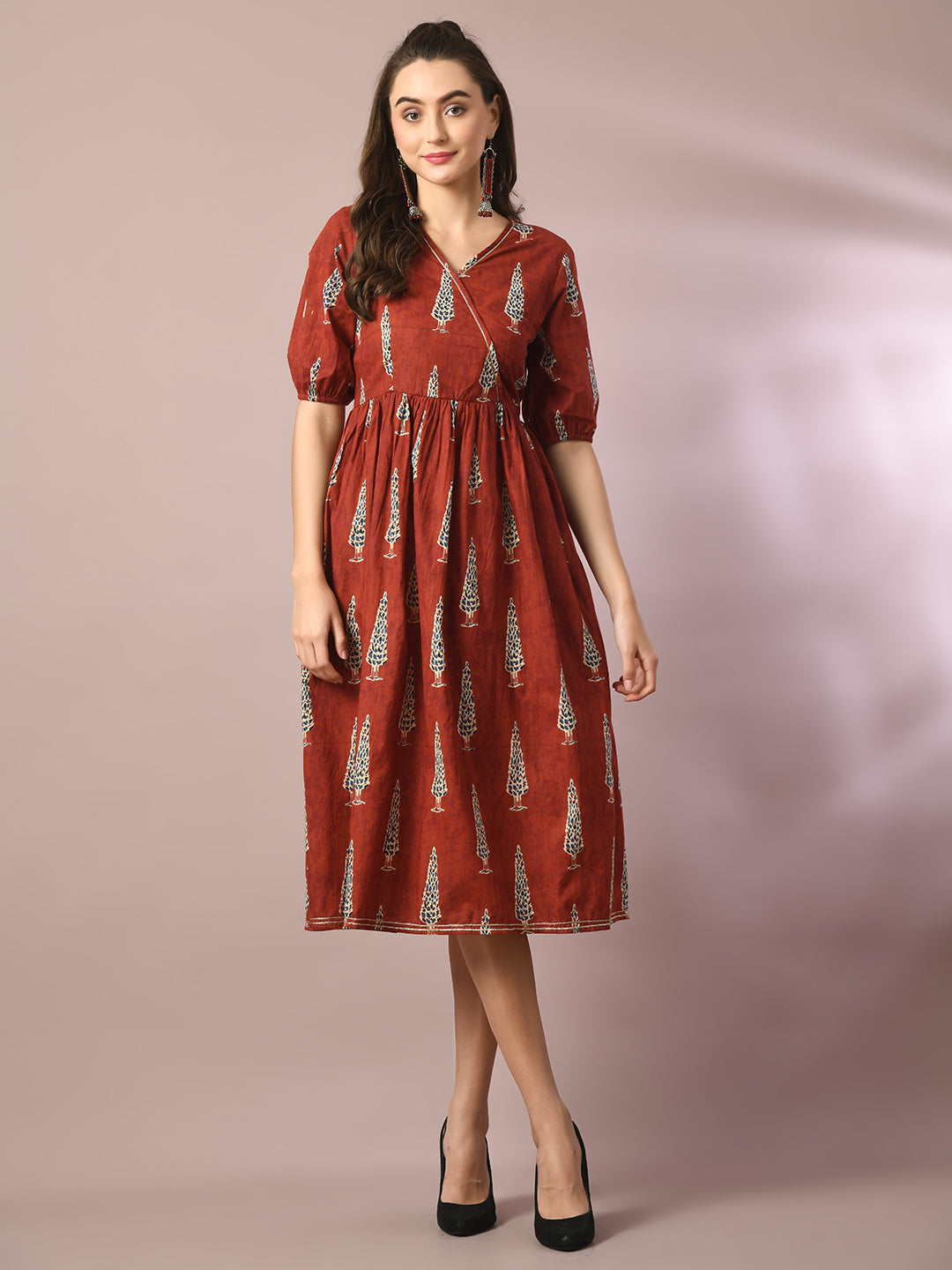 Women's  Rust Printed Cotton V-Neck Empire Party Dress  - Myshka