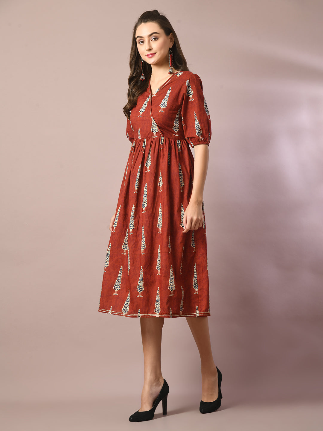 Women's  Rust Printed Cotton V-Neck Empire Party Dress  - Myshka