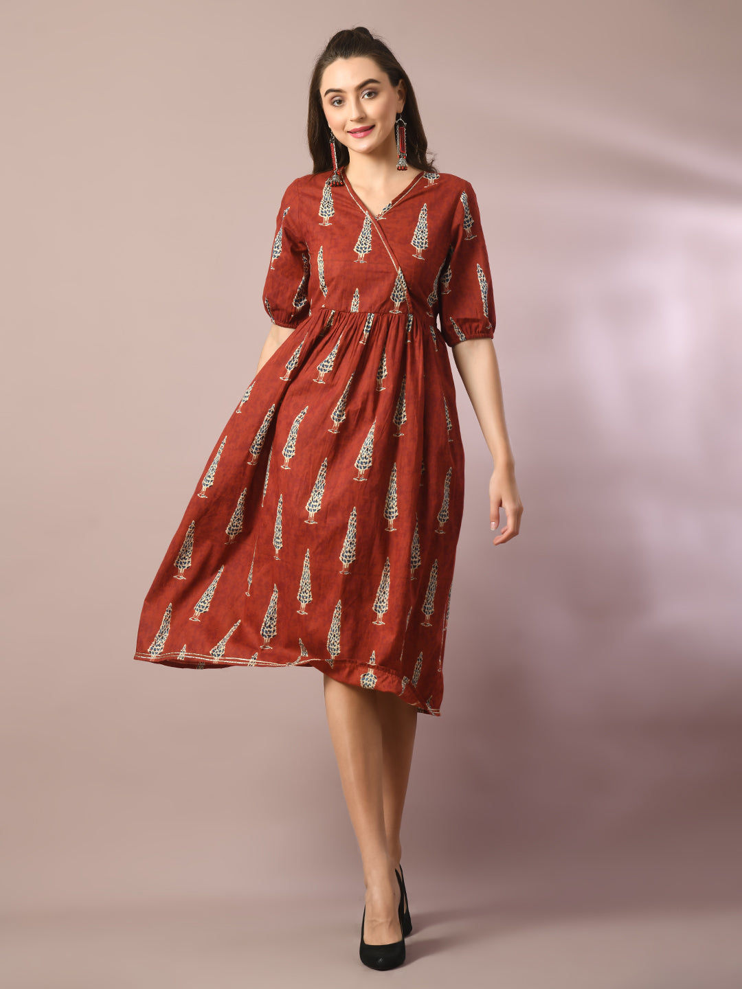 Women's  Rust Printed Cotton V-Neck Empire Party Dress  - Myshka