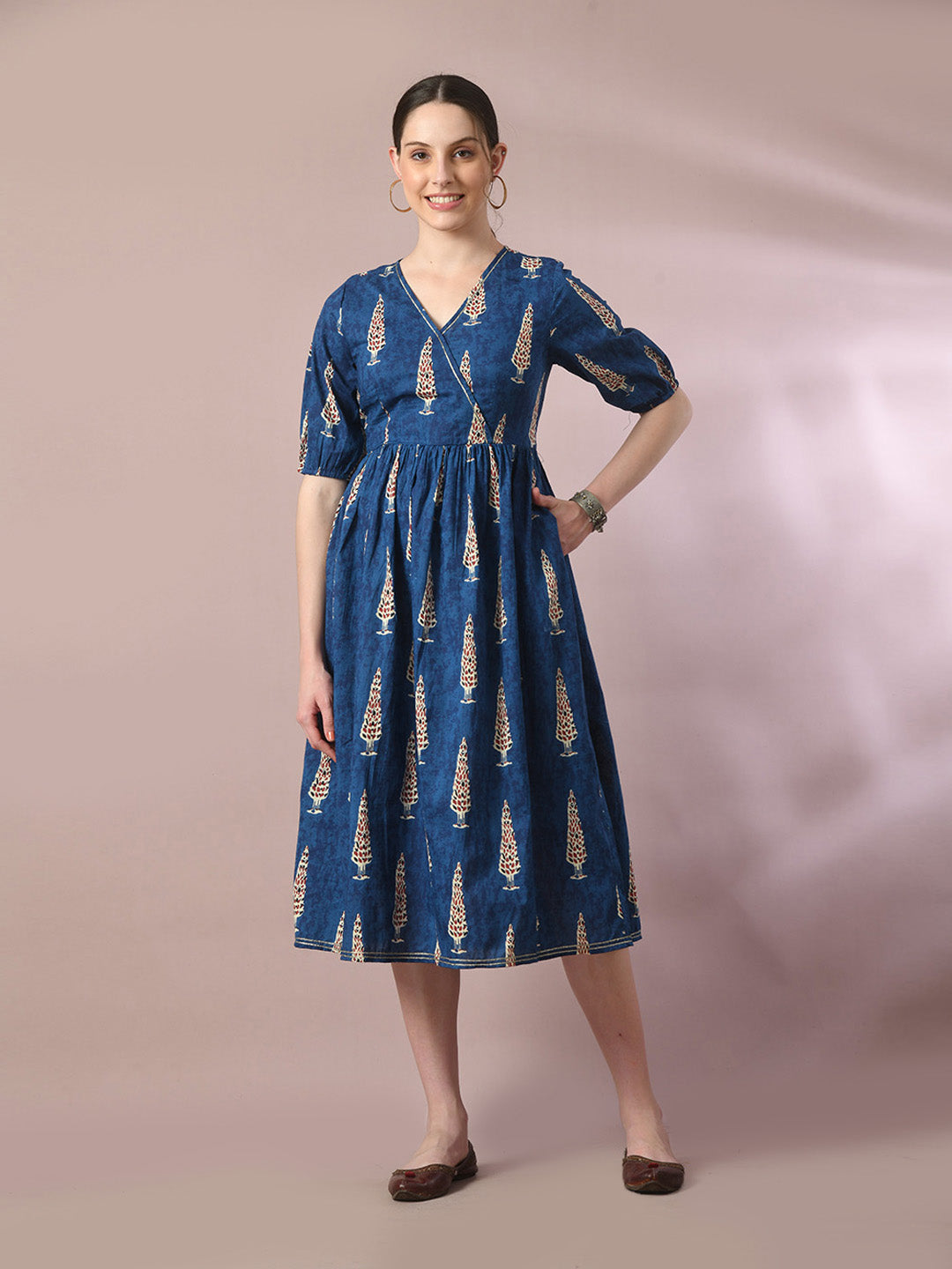 Women's  Blue Printed Cotton V-Neck Empire Party Dress  - Myshka