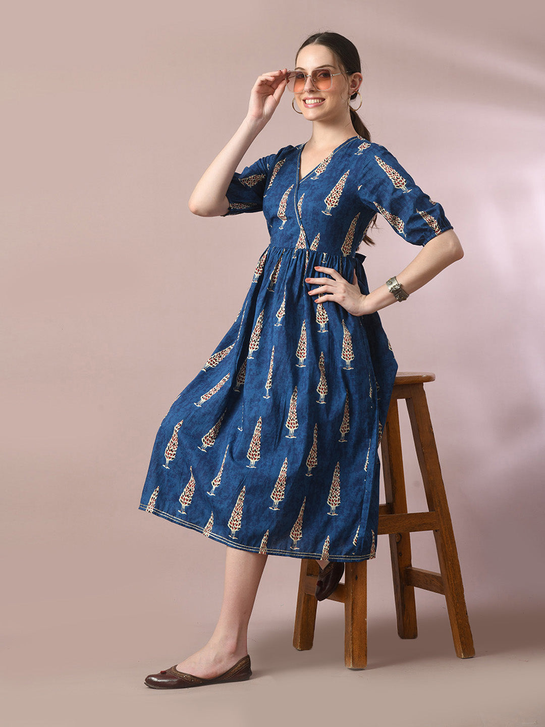 Women's  Blue Printed Cotton V-Neck Empire Party Dress  - Myshka