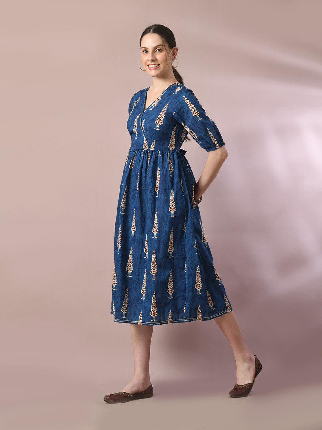 Women's  Blue Printed Cotton V-Neck Empire Party Dress  - Myshka