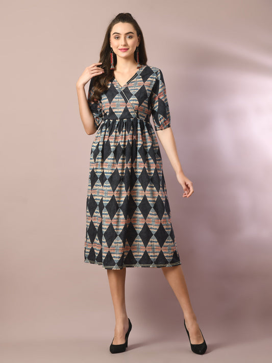 Women's  Multi Printed Cotton V-Neck Empire Party Dress  - Myshka