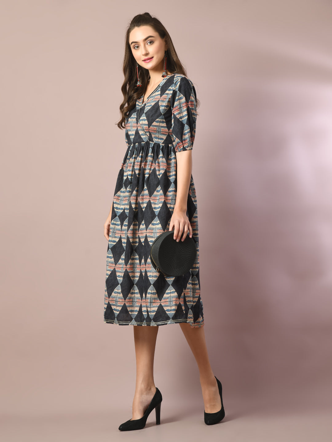 Women's  Multi Printed Cotton V-Neck Empire Party Dress  - Myshka