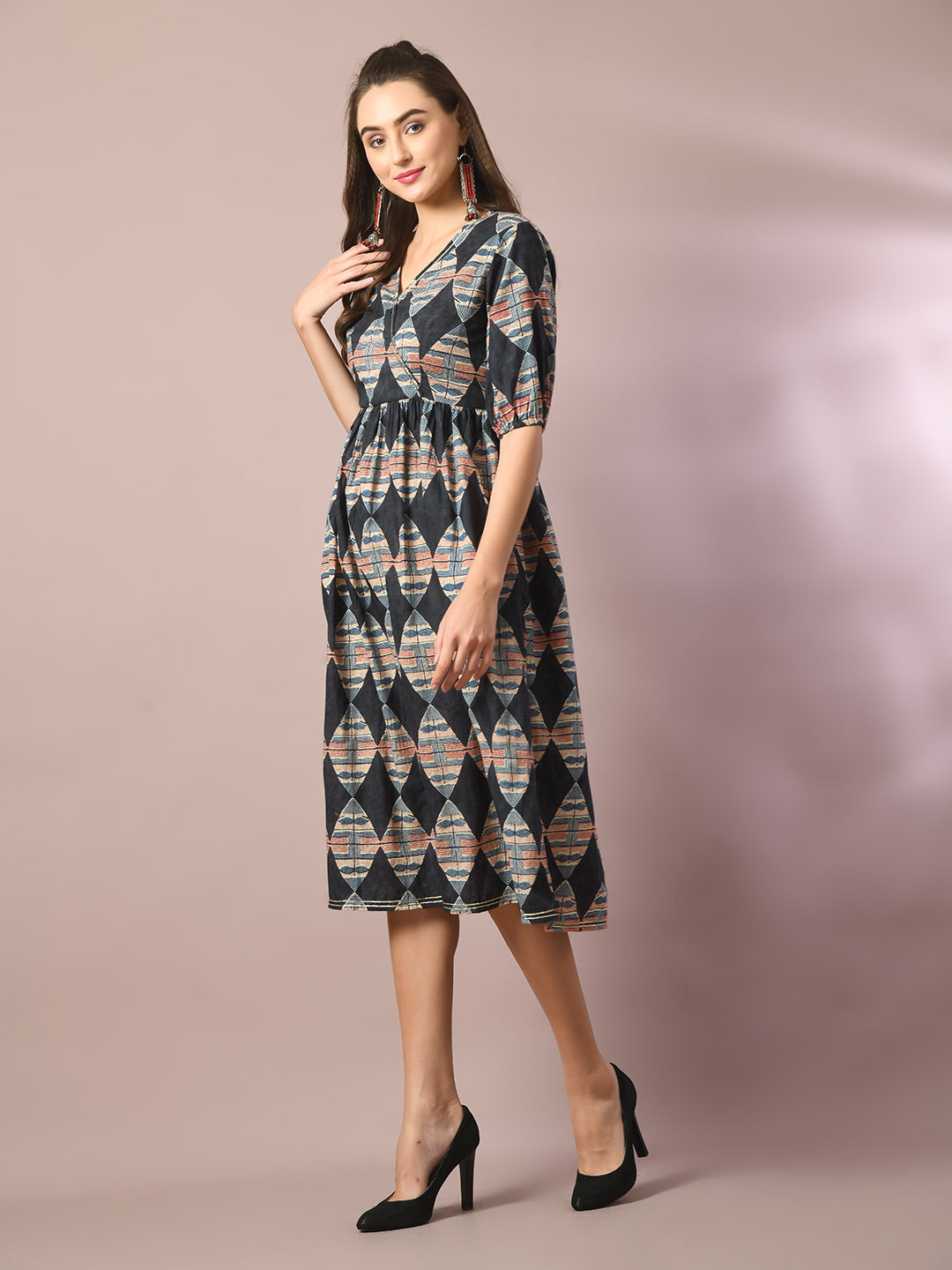 Women's  Multi Printed Cotton V-Neck Empire Party Dress  - Myshka