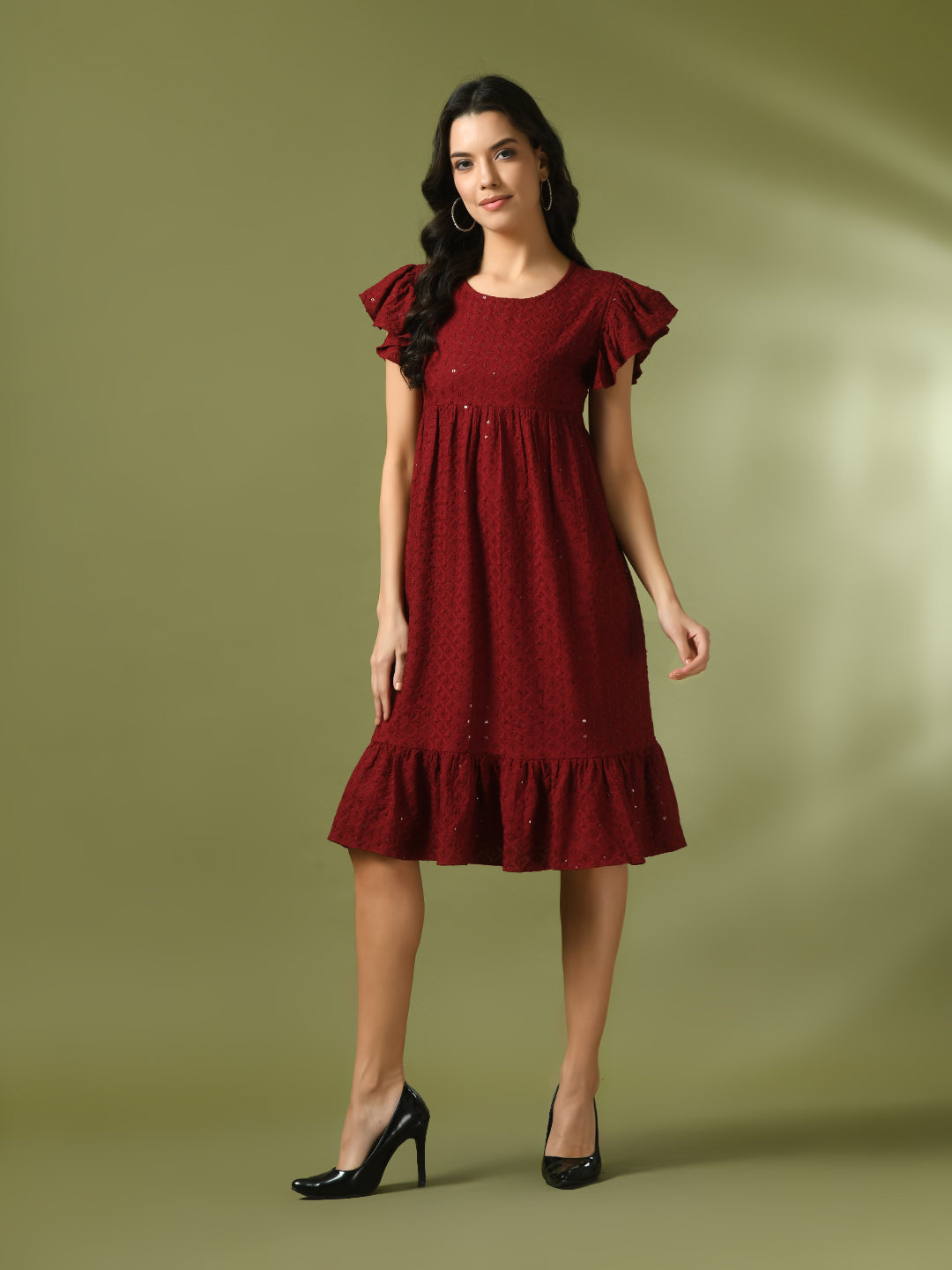 Women's  Maroon Embroidered Cotton Round Neck A-Line Party Dress  - Myshka