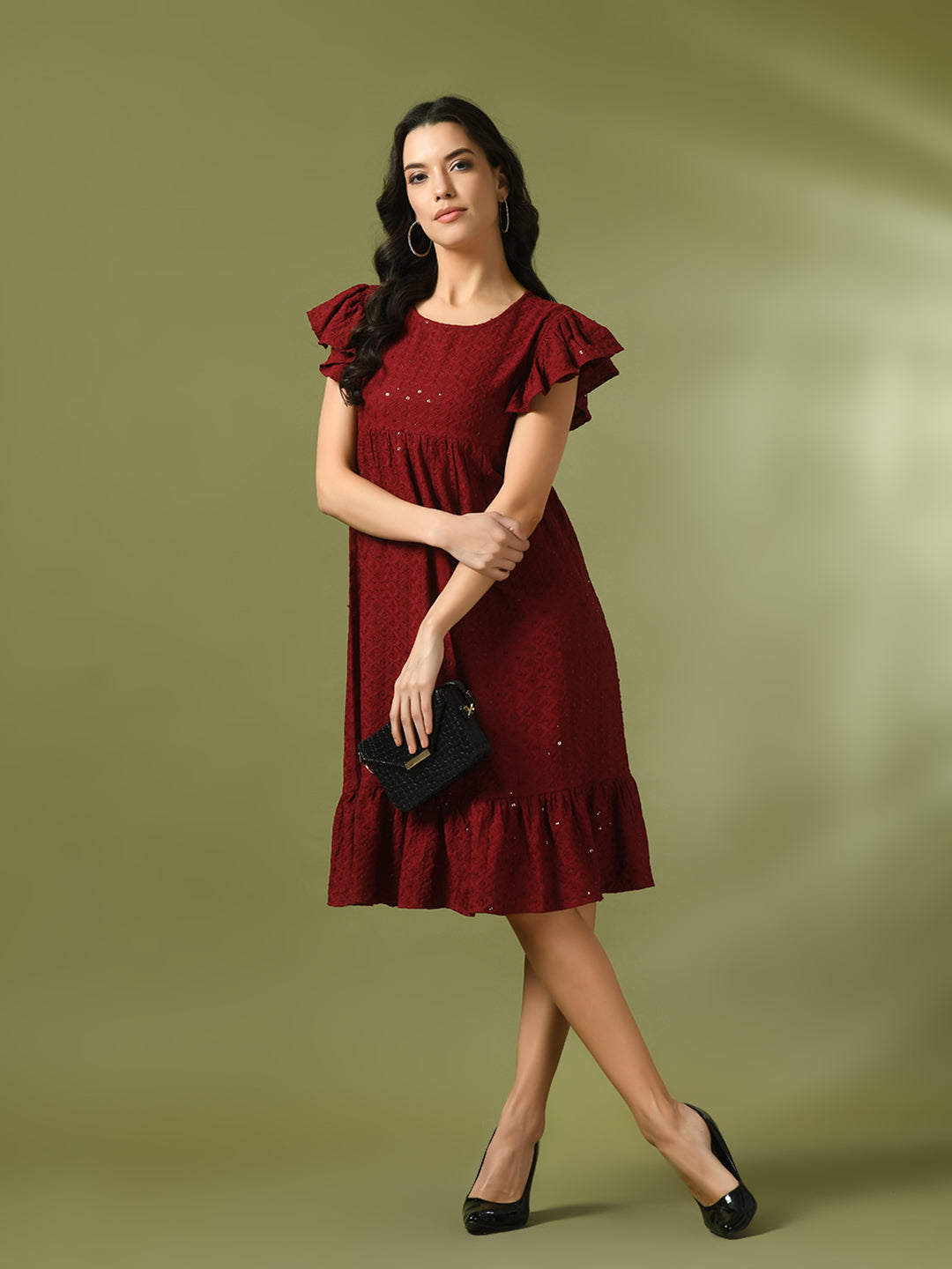 Women's  Maroon Embroidered Cotton Round Neck A-Line Party Dress  - Myshka