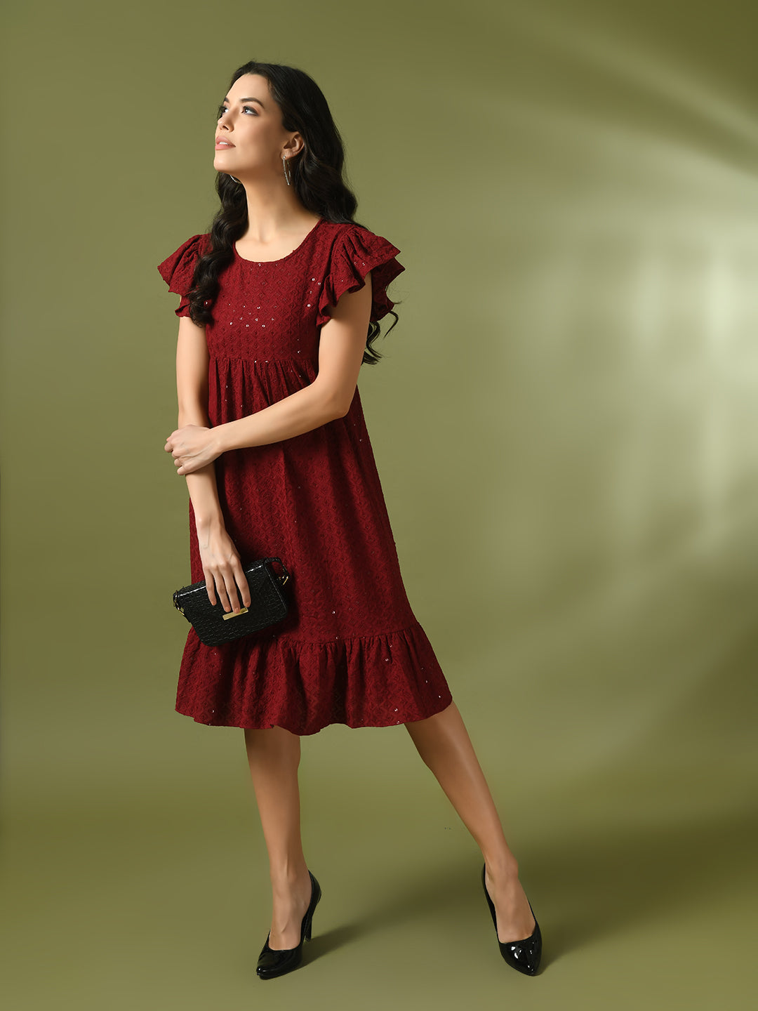 Women's  Maroon Embroidered Cotton Round Neck A-Line Party Dress  - Myshka