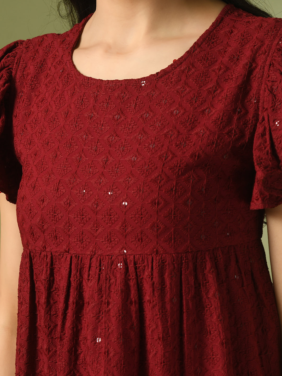 Women's  Maroon Embroidered Cotton Round Neck A-Line Party Dress  - Myshka