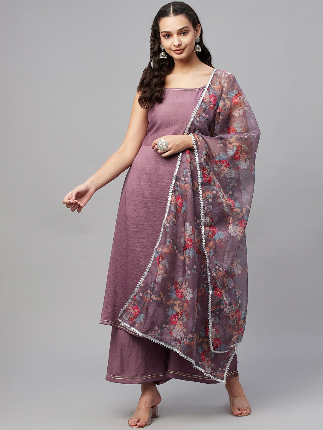 Myshka Trendy Style Women Mauve silk blend Solid Sleeveless Round Neck Neck Kurta Palazzo Dupatta Set