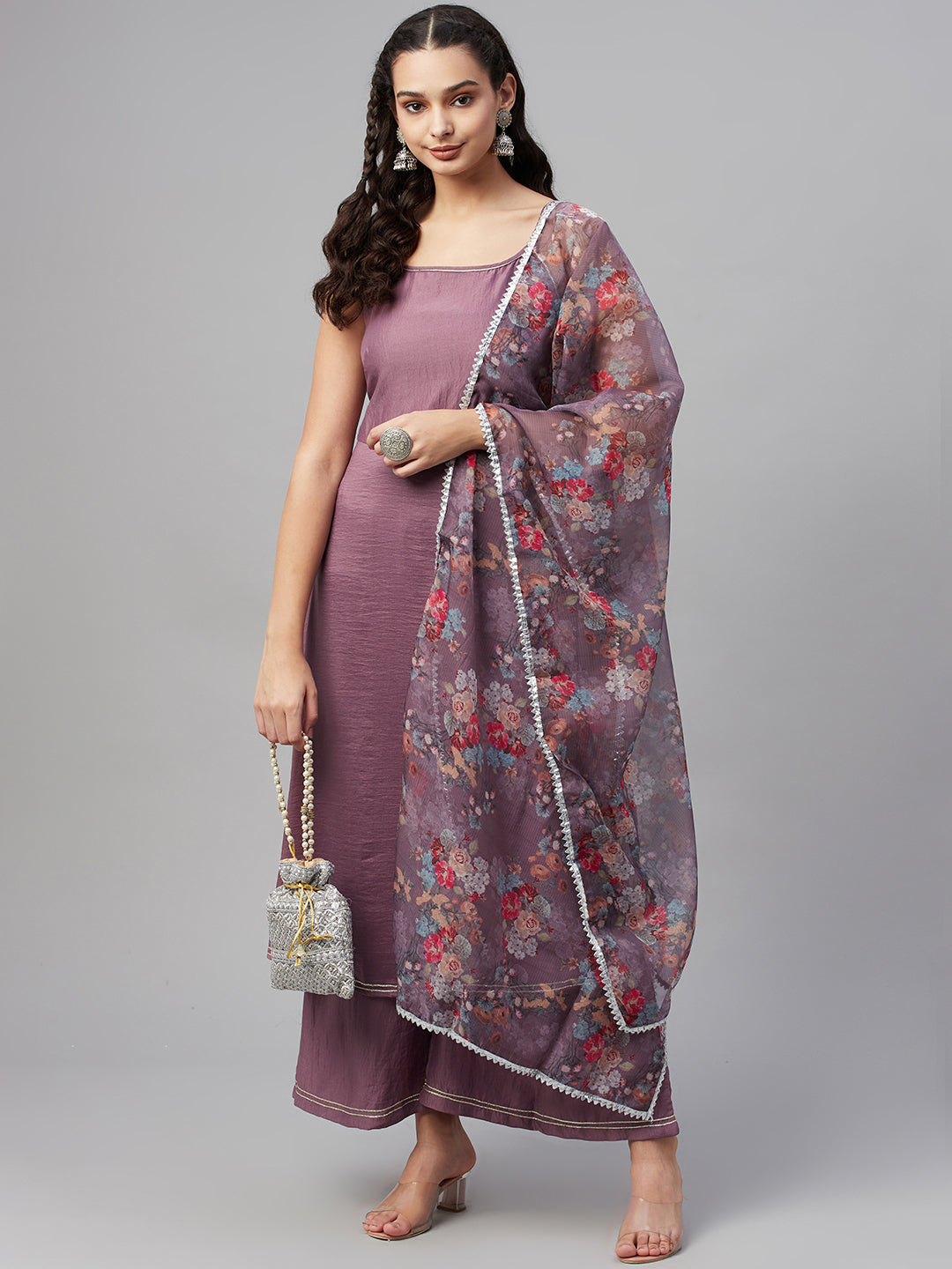 Myshka Trendy Style Women Mauve silk blend Solid Sleeveless Round Neck Neck Kurta Palazzo Dupatta Set