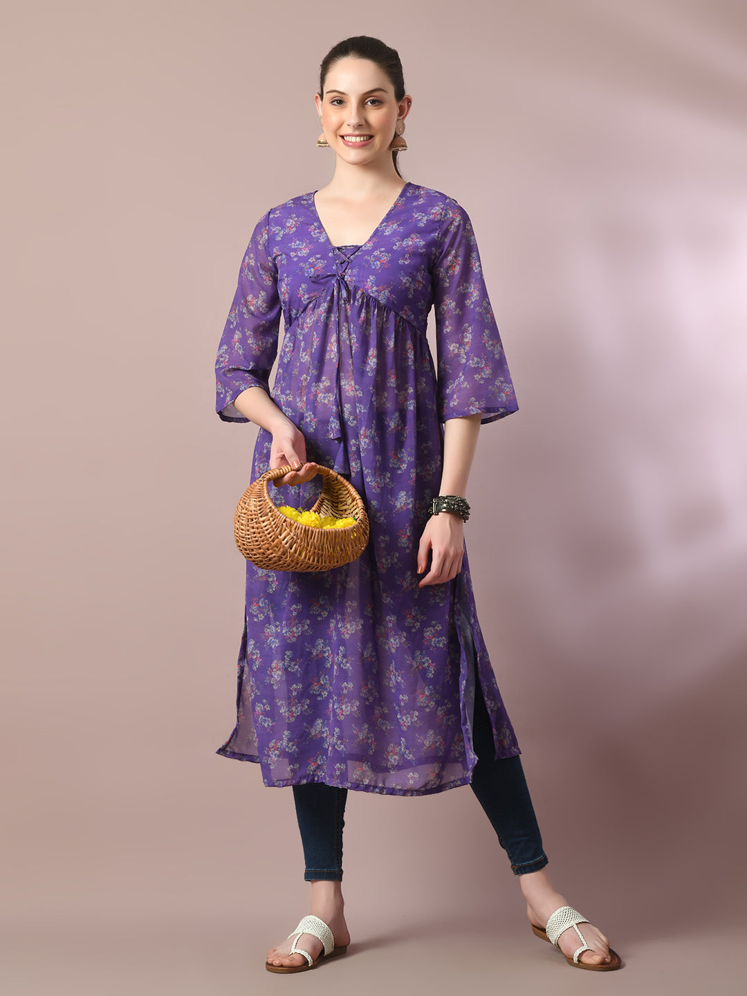 Women's  Purple Printed Georgette A-Line Nyra-Cut Kurta  - Myshka