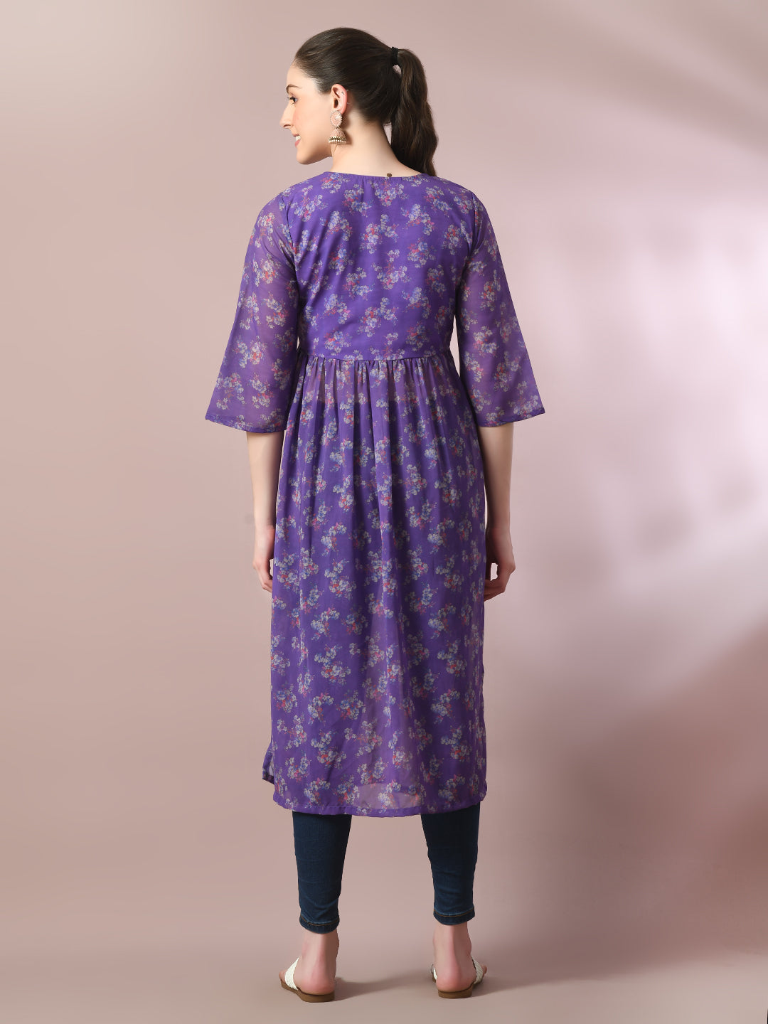 Women's  Purple Printed Georgette A-Line Nyra-Cut Kurta  - Myshka