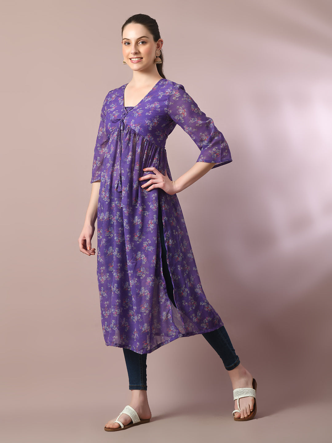 Women's  Purple Printed Georgette A-Line Nyra-Cut Kurta  - Myshka