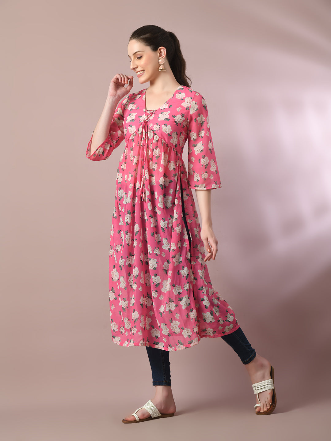 Women's  Pink Printed Georgette A-Line Nyra-Cut Kurta  - Myshka