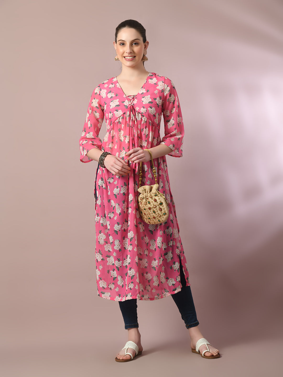 Women's  Pink Printed Georgette A-Line Nyra-Cut Kurta  - Myshka