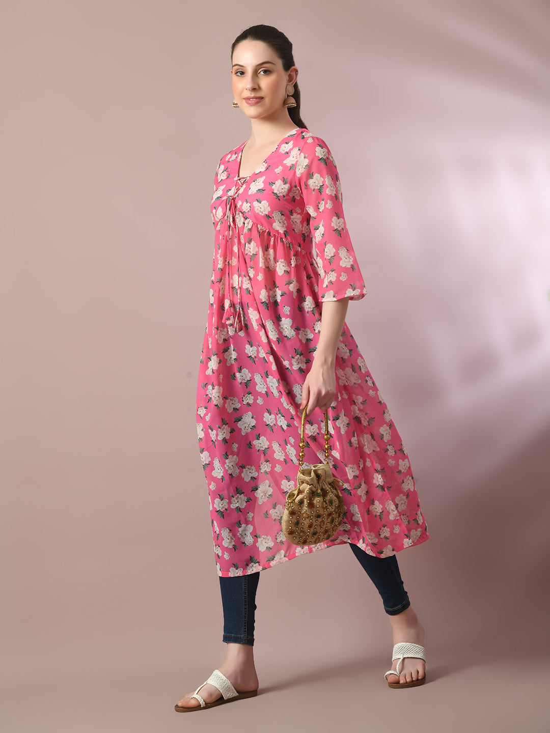 Women's  Pink Printed Georgette A-Line Nyra-Cut Kurta  - Myshka