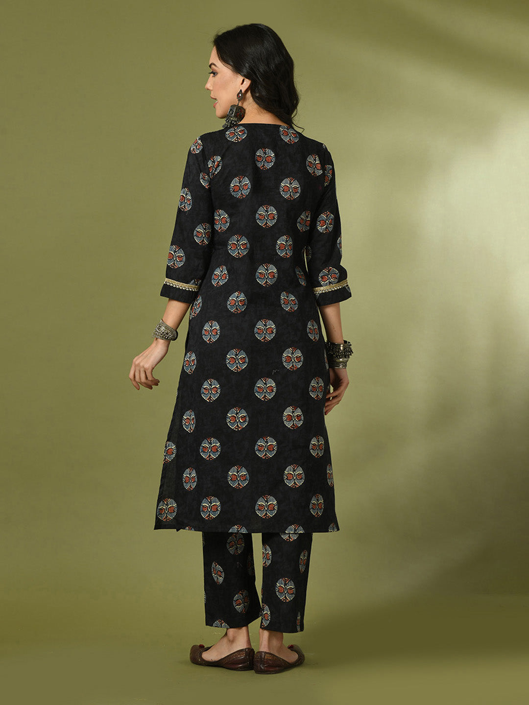 Women's  Black Printed Cotton Straight Party Kurta Sets  - Myshka