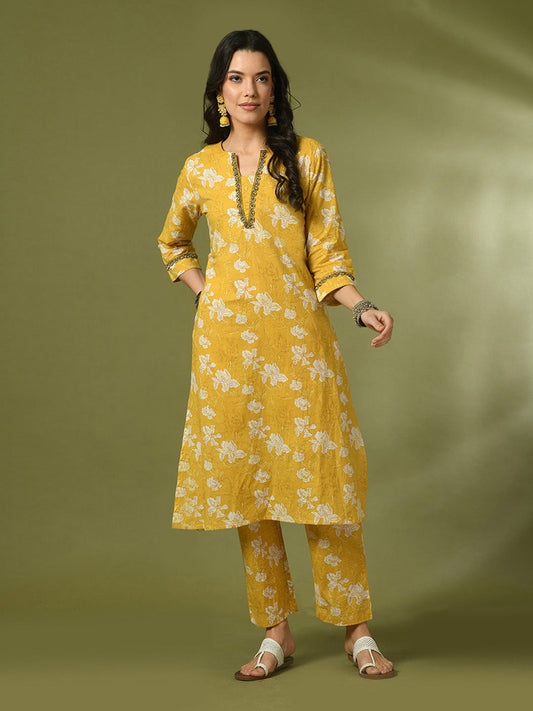 Women's  Yellow Printed Cotton Straight Party Kurta Sets  - Myshka