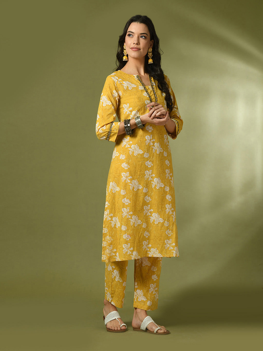 Women's  Yellow Printed Cotton Straight Party Kurta Sets  - Myshka