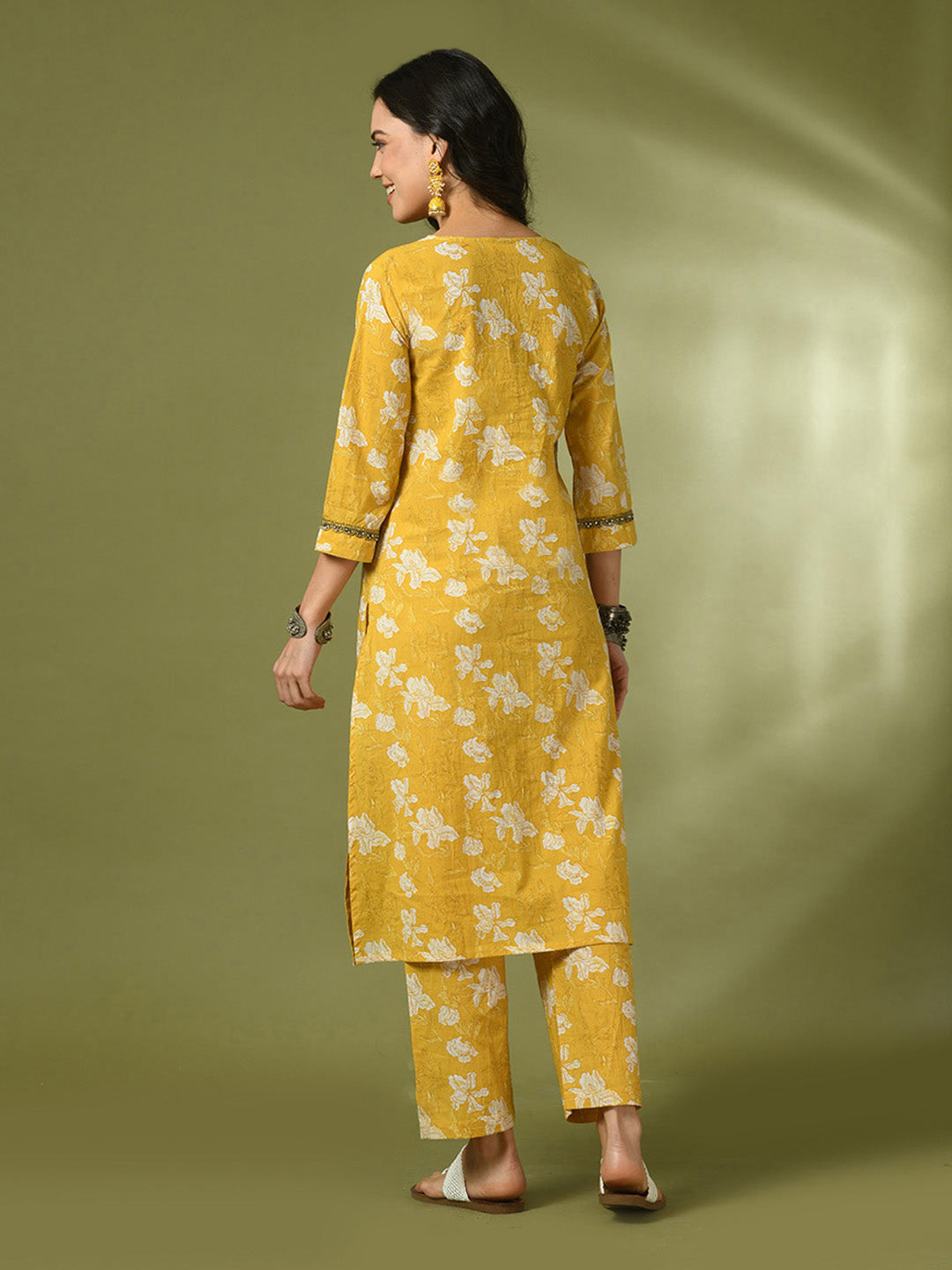 Women's  Yellow Printed Cotton Straight Party Kurta Sets  - Myshka