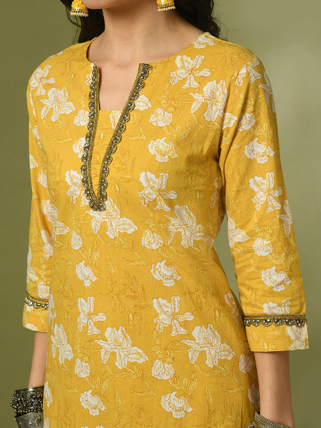 Women's  Yellow Printed Cotton Straight Party Kurta Sets  - Myshka