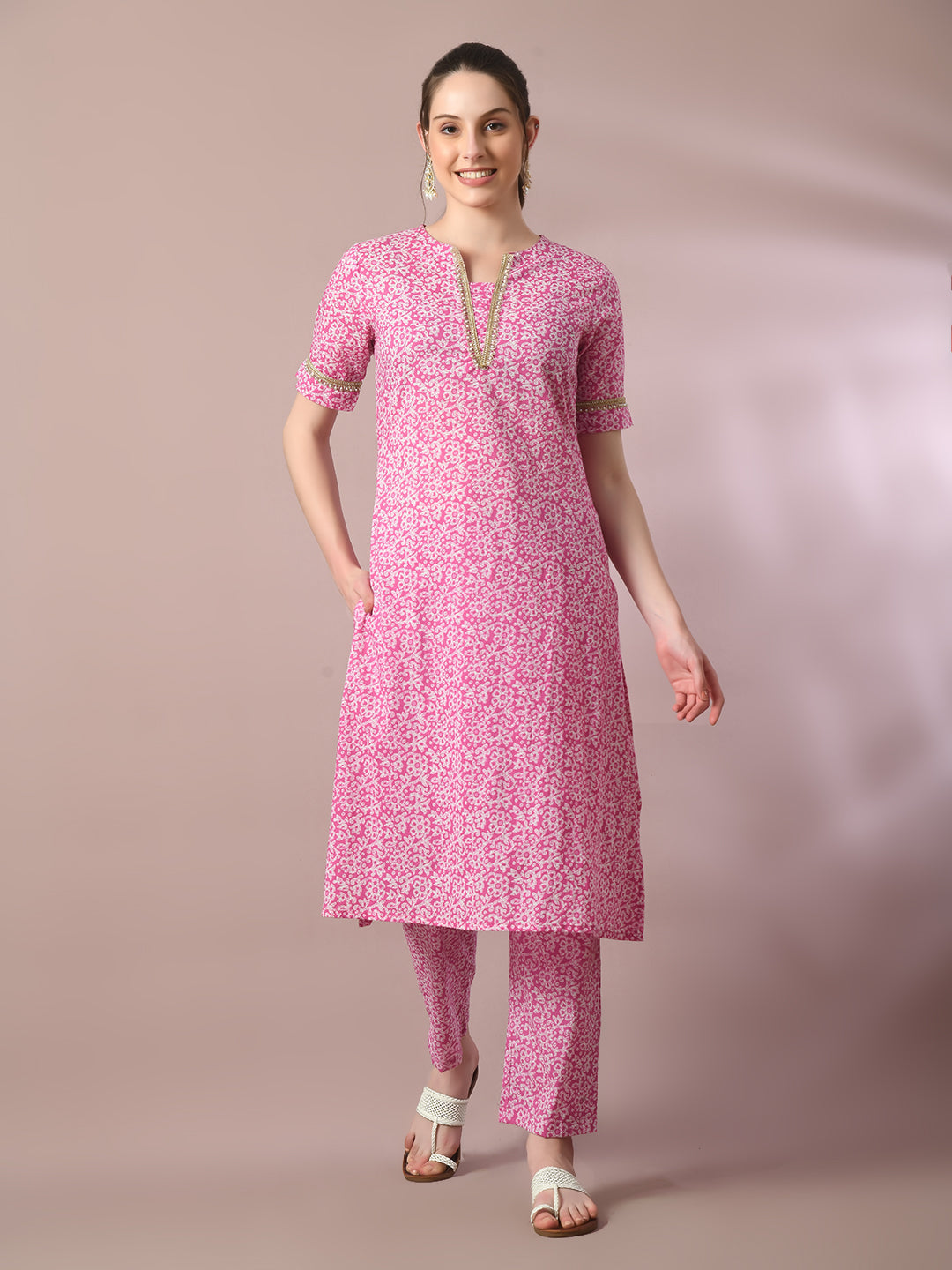 Women's  Pink Printed Cotton Straight Party Kurta Sets  - Myshka